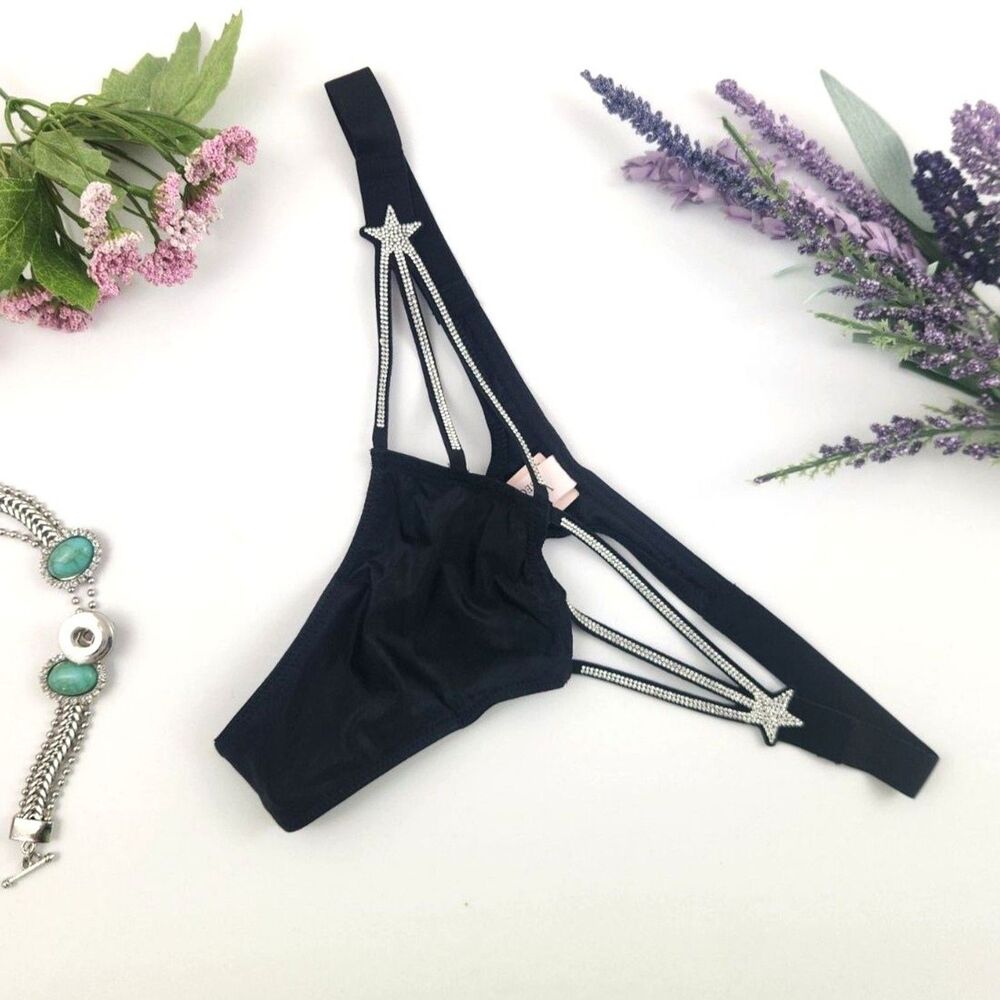 SMALL Victoria's Secret Black Shiny Stars Thong Panty